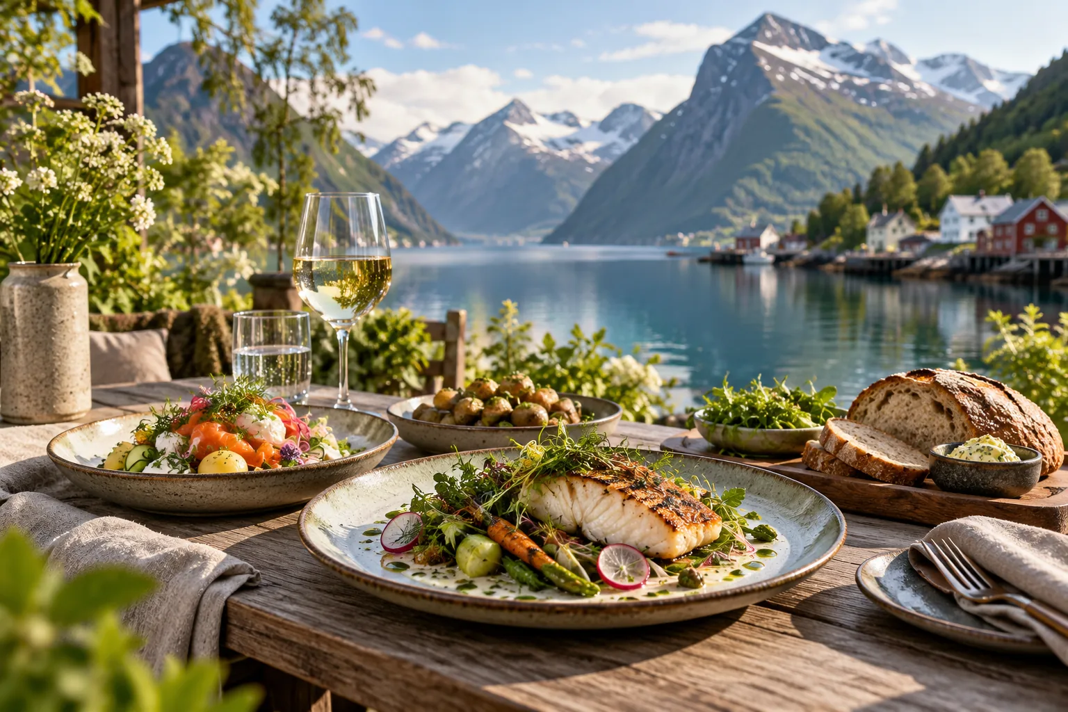 Illustrasjon av mat ved en norsk fjord